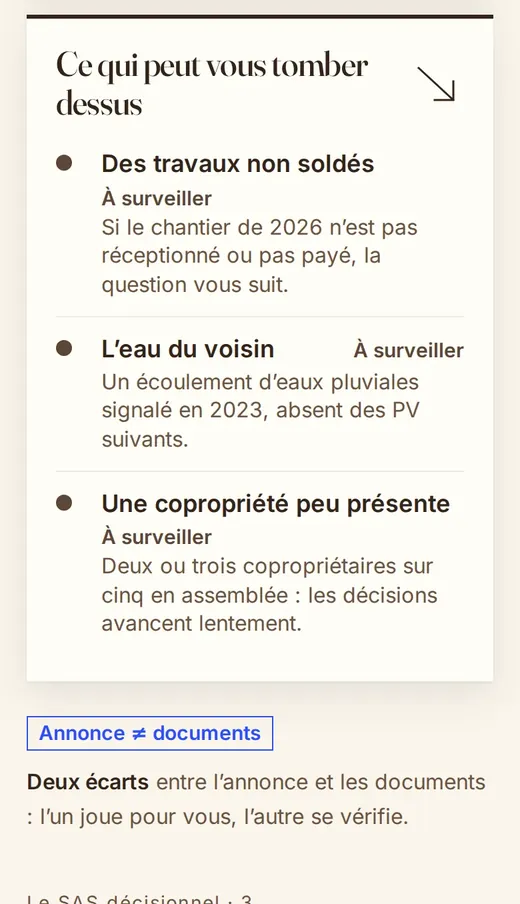 Encadré « Ce qui peut vous tomber dessus » : travaux non soldés, dégât des eaux, copropriété peu présente.