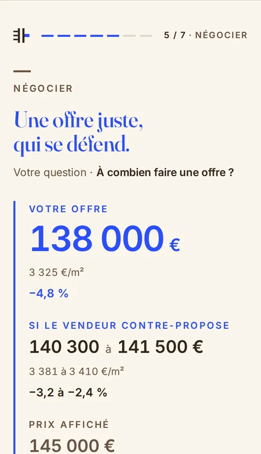Page « Négocier » : le montant d’offre conseillé et la marge si le vendeur contre-propose.